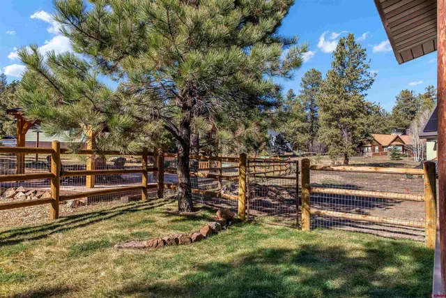 a view of backyard with wooden fence and trees
