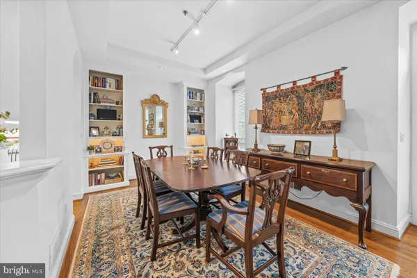 a view of a dining room with furniture
