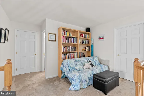 a living room with a couch and a book shelf
