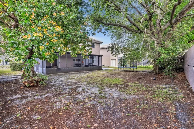 an aerial view of a house with a yard and a large tree