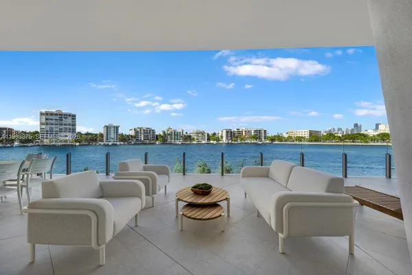 a outdoor living space with furniture and city view