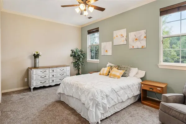 a bedroom with a bed and a couch