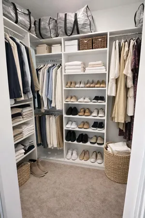 a view of walk in closet with clothes and shoes