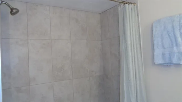 a bathroom with a shower curtain