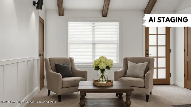 a work room with furniture and a potted plant