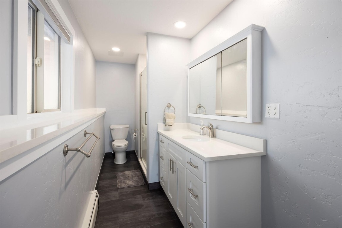 231 Alpine Road Dillon, CO 80435 - Photo 19 of 40 a bathroom with a sink a toilet a large mirror and shower