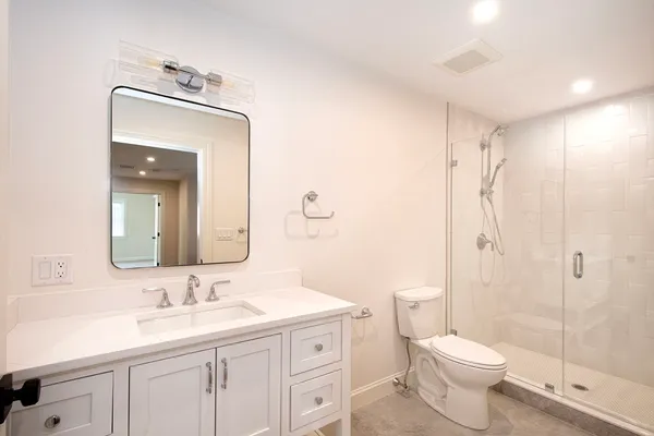 a bathroom with a toilet a sink a mirror a shower a vanity and window