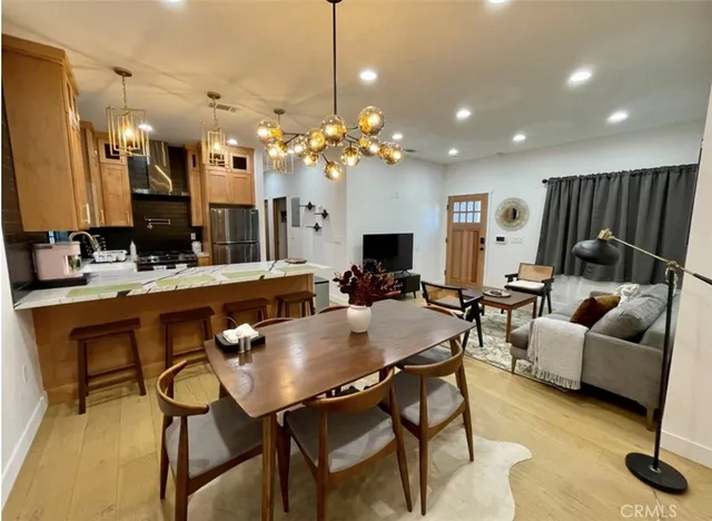 a view of a dining room with furniture