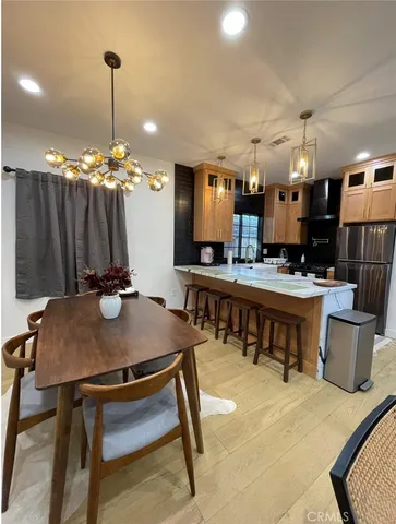 a view of a dining room with furniture