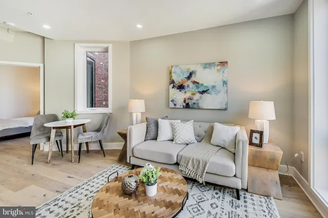 a living room with furniture and a potted plant