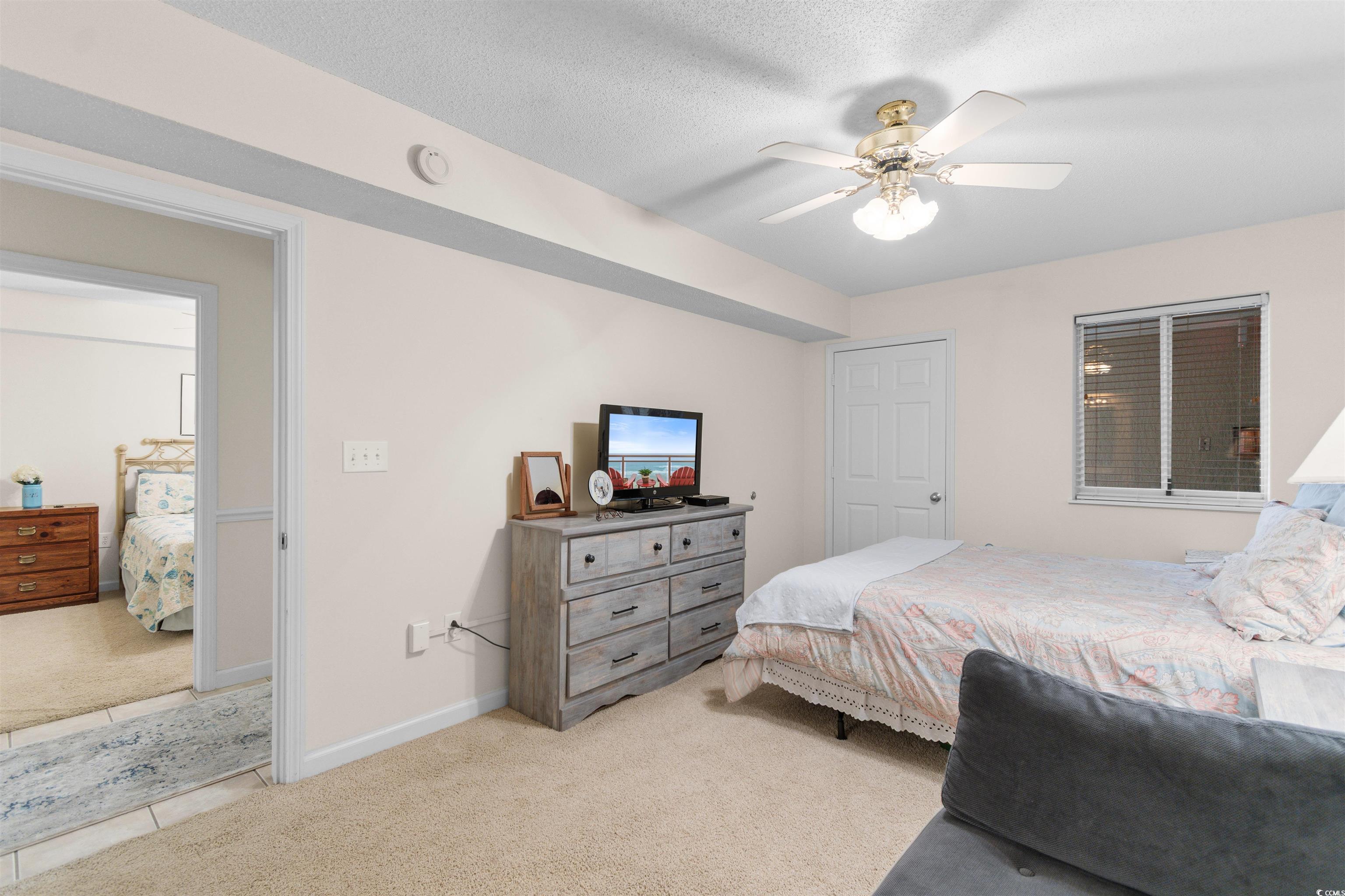 1003 South Ocean Boulevard, Unit 902 North Myrtle Beach, SC 29582 - Photo 22 of 40 Bedroom with light carpet, a ceiling fan, and a textured ceiling
