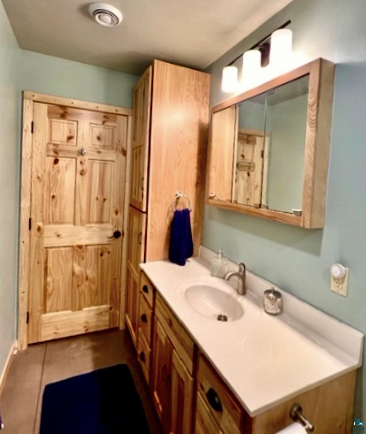 265 Mink Ranch Road Lutsen, MN 55612 - Photo 22 of 36 Bathroom featuring vanity and dark tile patterned floors