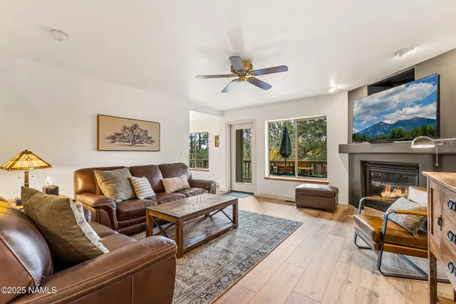a living room with furniture a flat screen tv and a fireplace