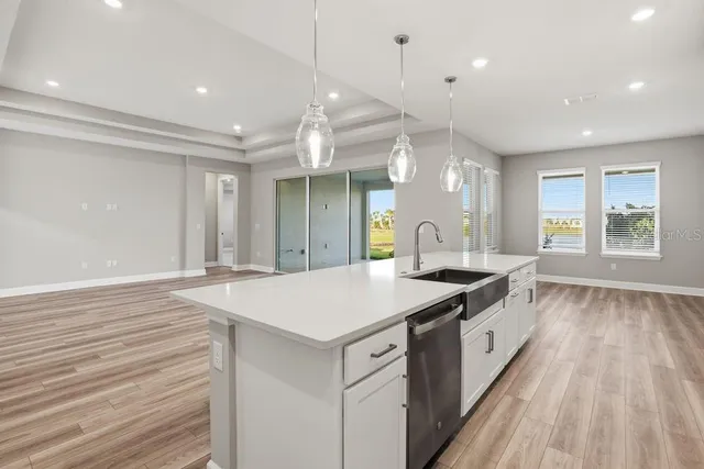 a kitchen with a sink and wooden floor