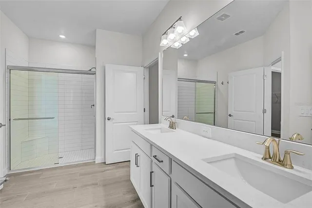 a bathroom with a sink double vanity and a mirror