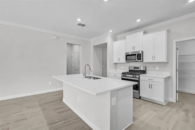 a kitchen with stainless steel appliances a sink stove and refrigerator