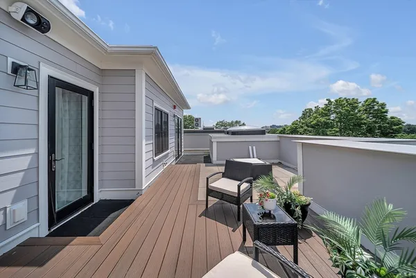 a roof deck with table and chairs and potted plants