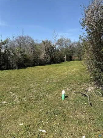 a view of a field with an trees in the background