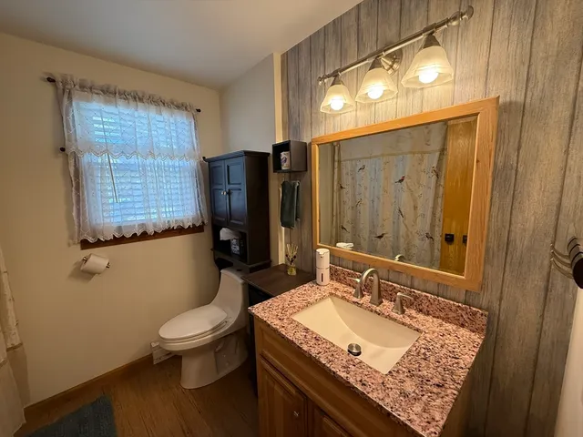 a bathroom with a granite countertop sink toilet and shower