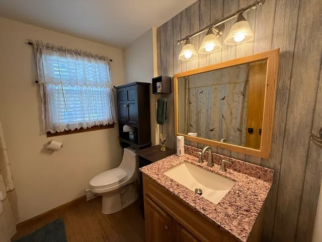 a bathroom with a granite countertop sink toilet and shower