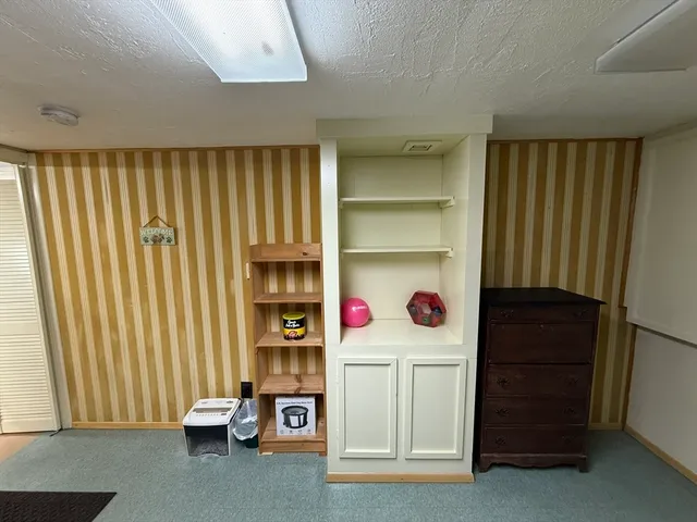 a room with a wooden closet and cabinets