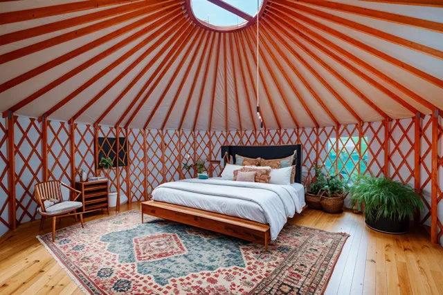 a bedroom with a bed and a rug