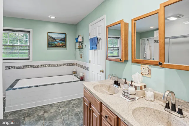 a bathroom with a tub a sink and mirror