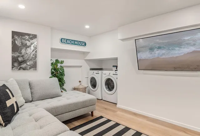 a living room with furniture and a potted plant