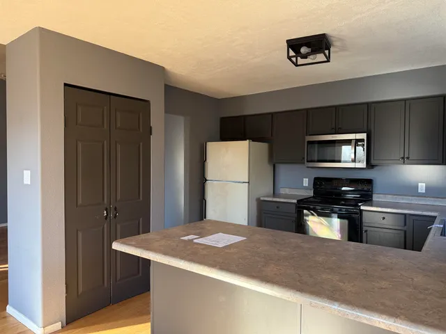 a kitchen with a refrigerator and a sink