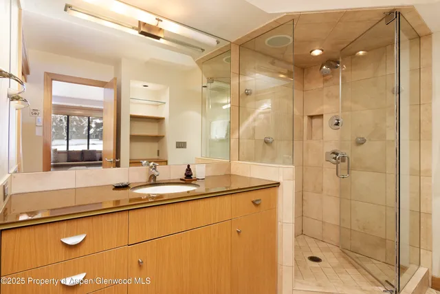 a bathroom with a sink shower and a mirror