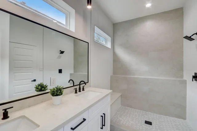 a bathroom with a sink and a shower
