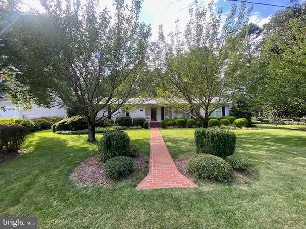 a garden view with swimming pool and green space
