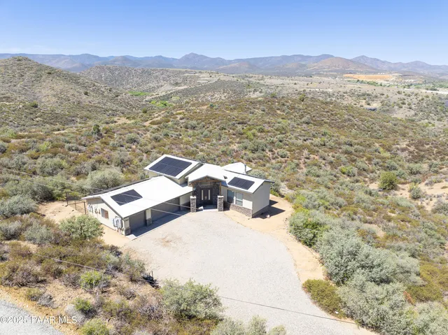 a view of a terrace with a mountain
