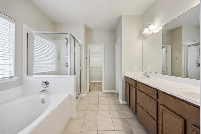 a bathroom with a tub a sink and a large mirror
