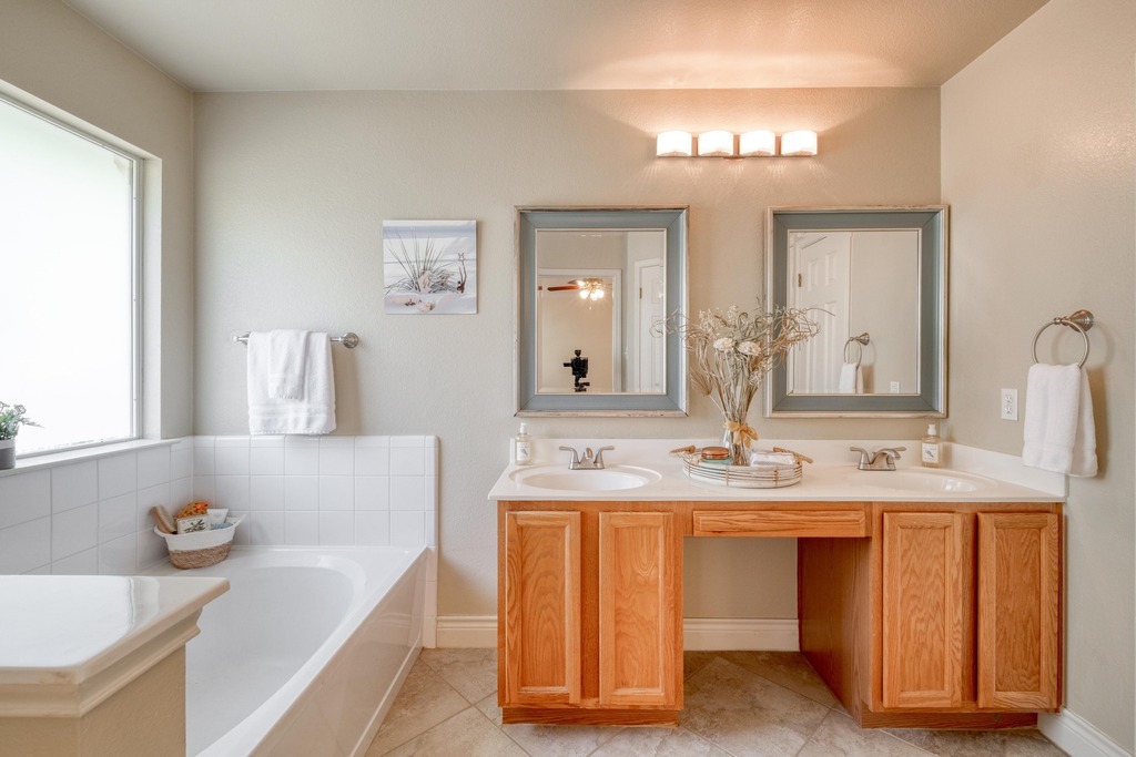 1303 Ridgewood Drive Leander, TX 78641 - Photo 15 of 28 a bathroom with a tub double sink and mirror