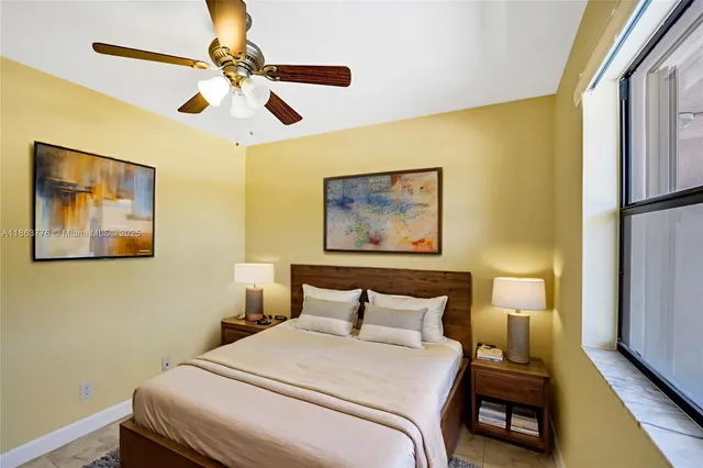 a bedroom with a bed and a painting on the wall