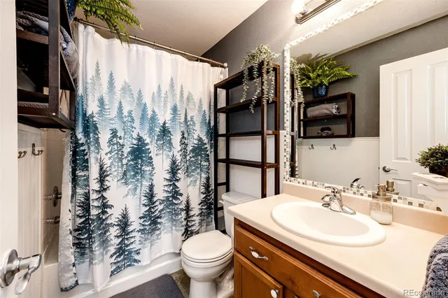 a bathroom with a granite countertop sink toilet and shower