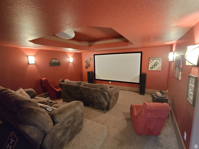 552 Sunset Crest Way Draper, UT 84020 - Photo 50 of 68 Home theater room with a tray ceiling, a textured ceiling, and carpet floors