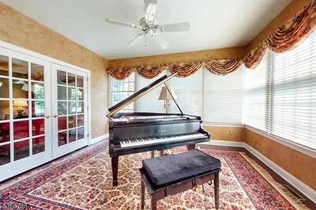 a living room with a rug