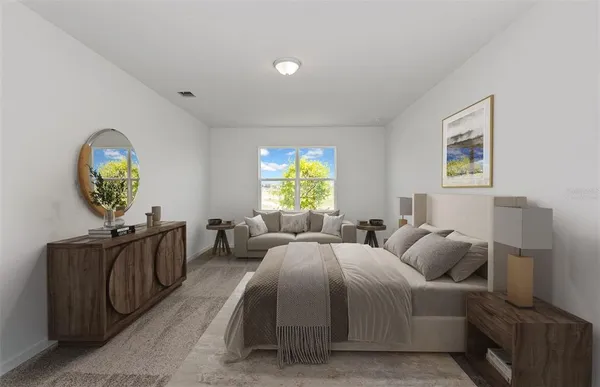a bedroom with two beds and painting on the wall