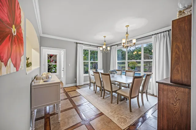 a view of a dining room with furniture window and outside view