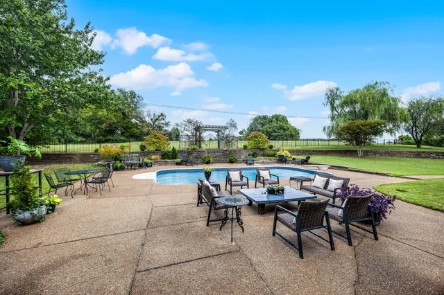 a view of swimming pool with outdoor seating and plants