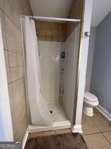 a bathroom with a shower and toilet