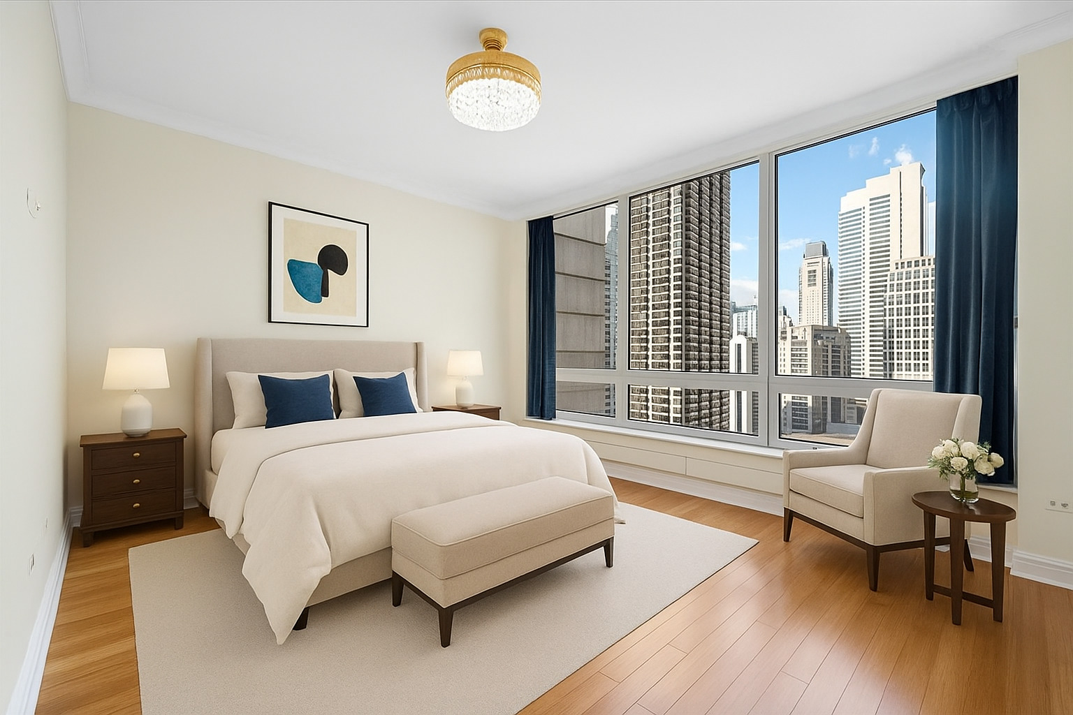 55 East Erie Street, Unit 1903 Chicago, IL 60611 - Photo 19 of 39 a bedroom with a bed and a large window