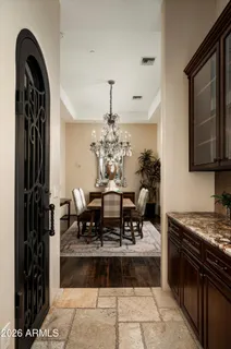 a view of a dining room with furniture