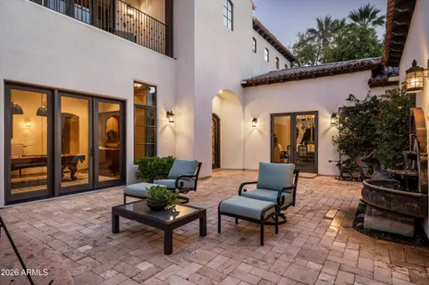 a building outdoor space with patio furniture