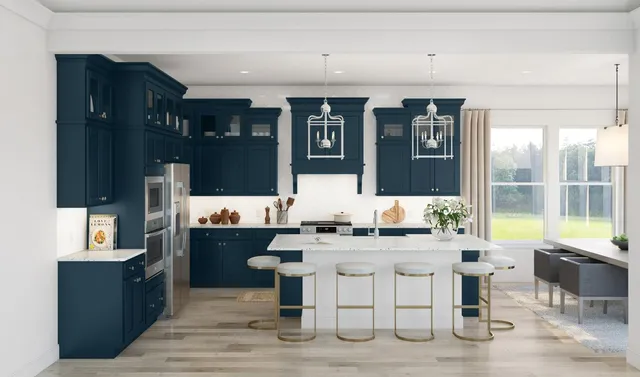 a hall with cabinets a sink and a stove