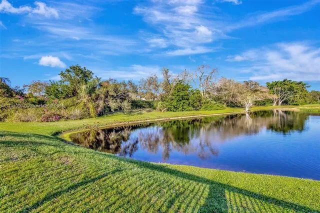 a view of a lake with a yard and large trees