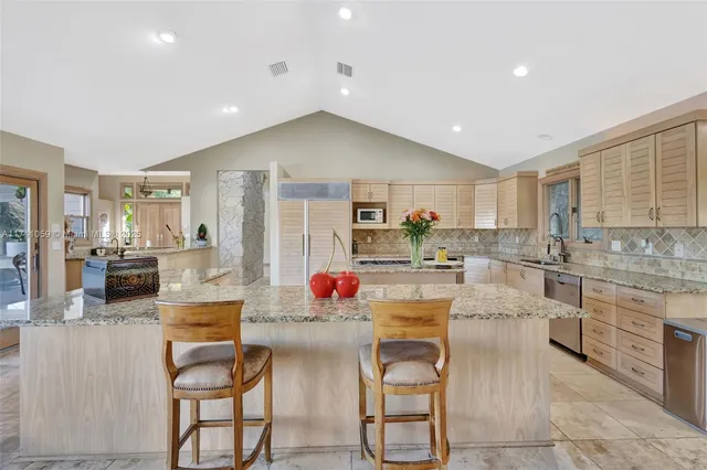 a kitchen with granite countertop sink cabinets and potted plant