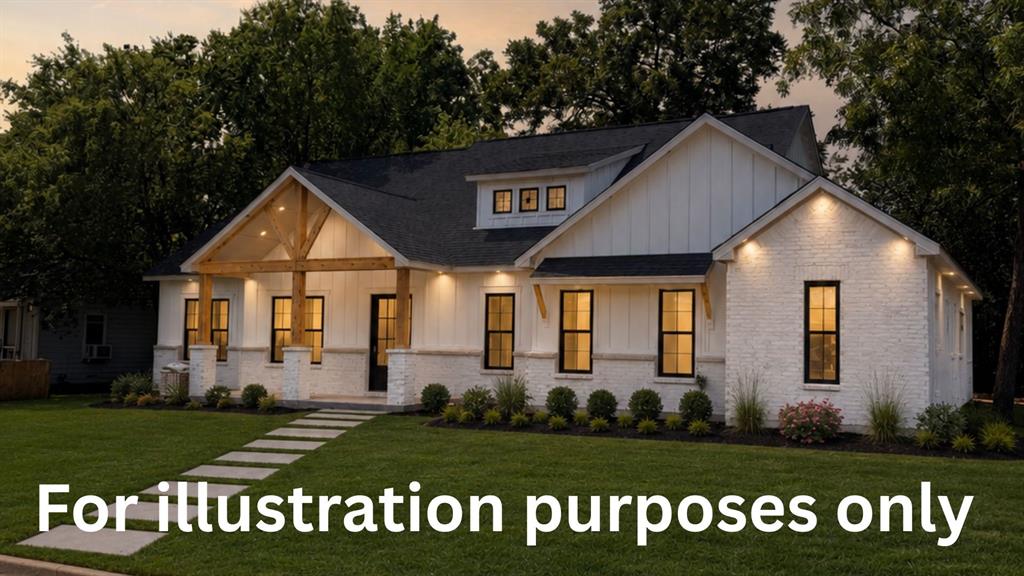 201 East Division Street Pilot Point, TX 76258 - Photo 1 of 2 White brick exterior with board and batten accents, black-framed windows, and a prominent front porch with exposed timber beams